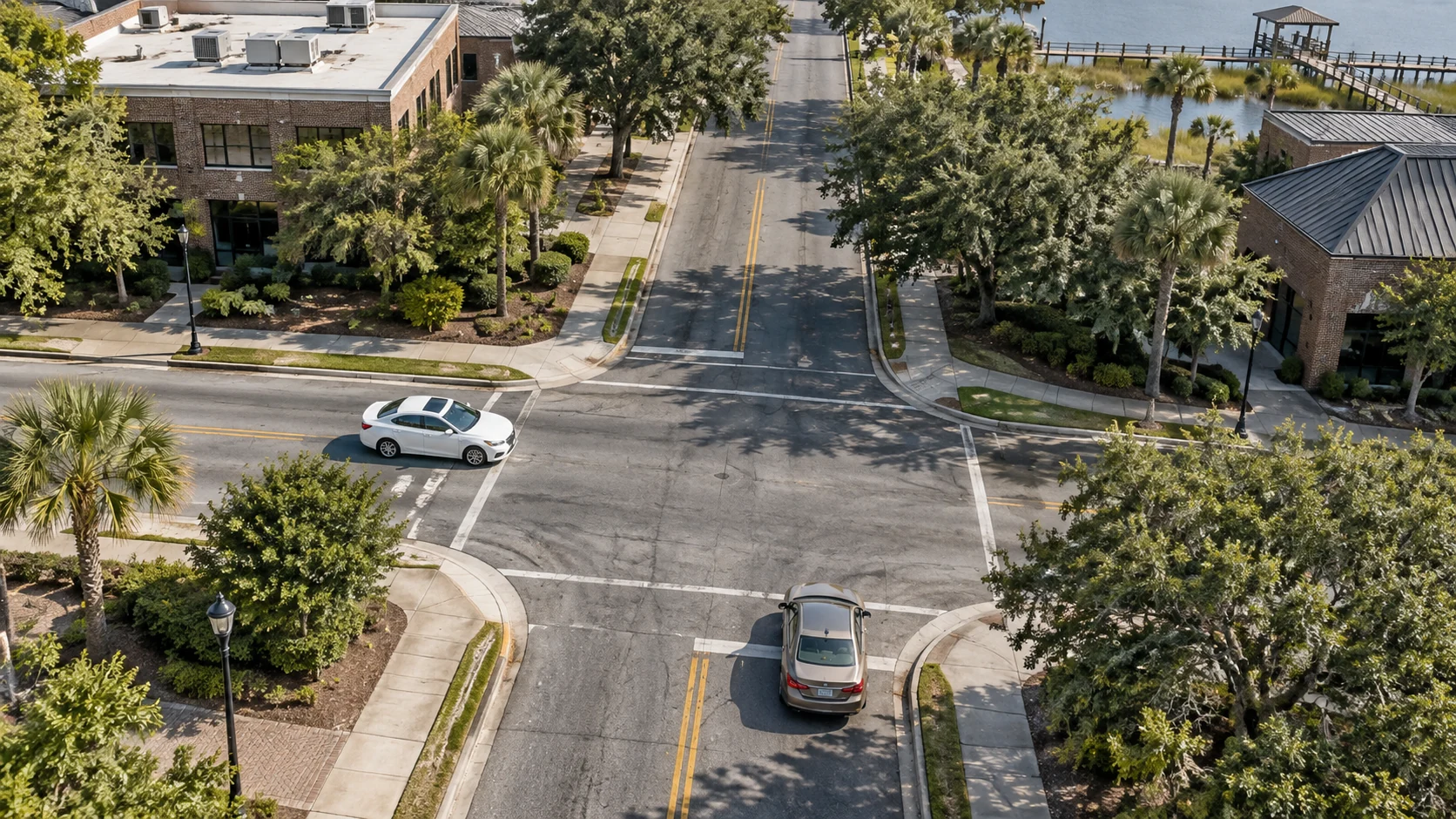 AI-generated illustrative street setting with two cars approaching an intersection
