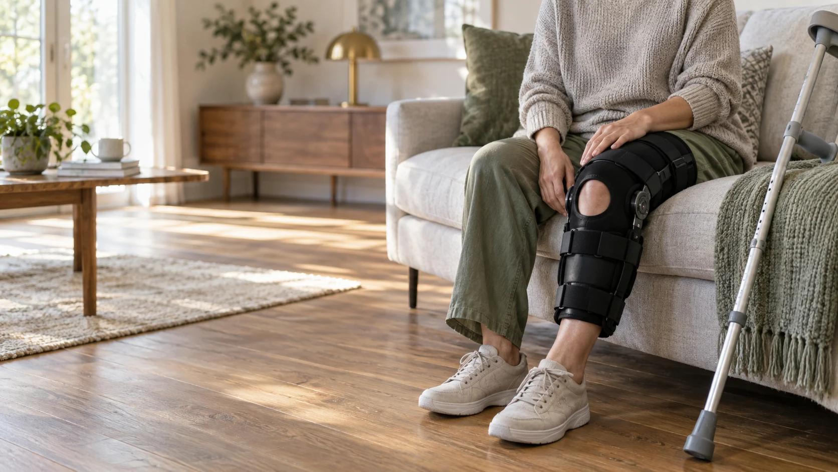 AI-generated illustration of an anonymous adult at home wearing a knee brace